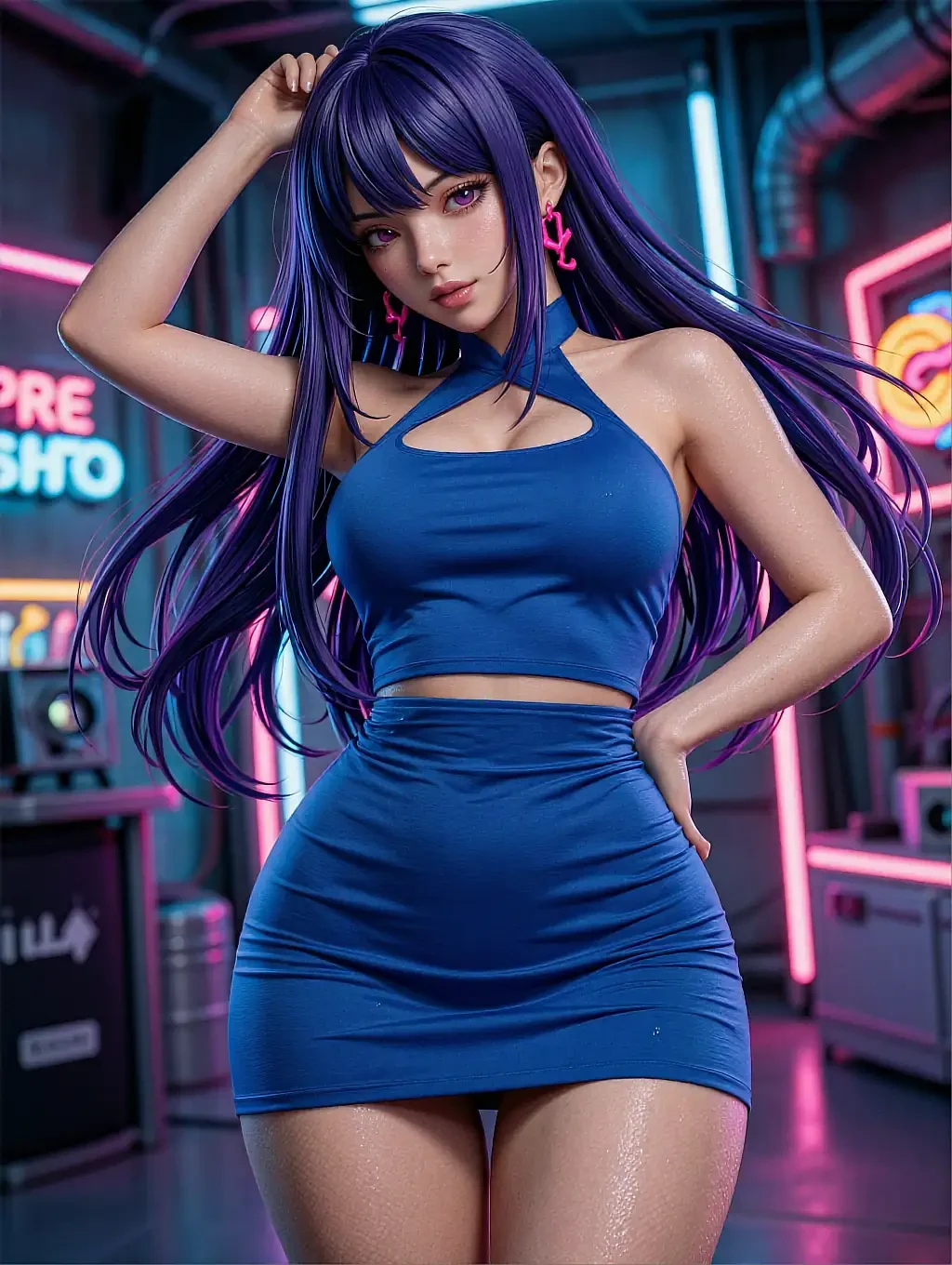 Illustrated anime character Mai in a slow, deliberate pose under low light