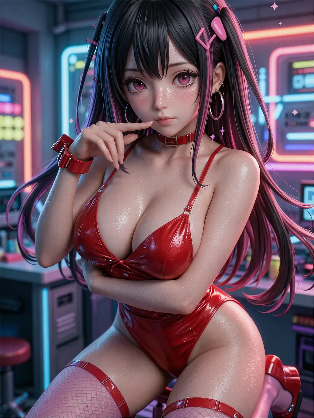 Illustrated anime character Kaede leaning in with a sharp, playful look