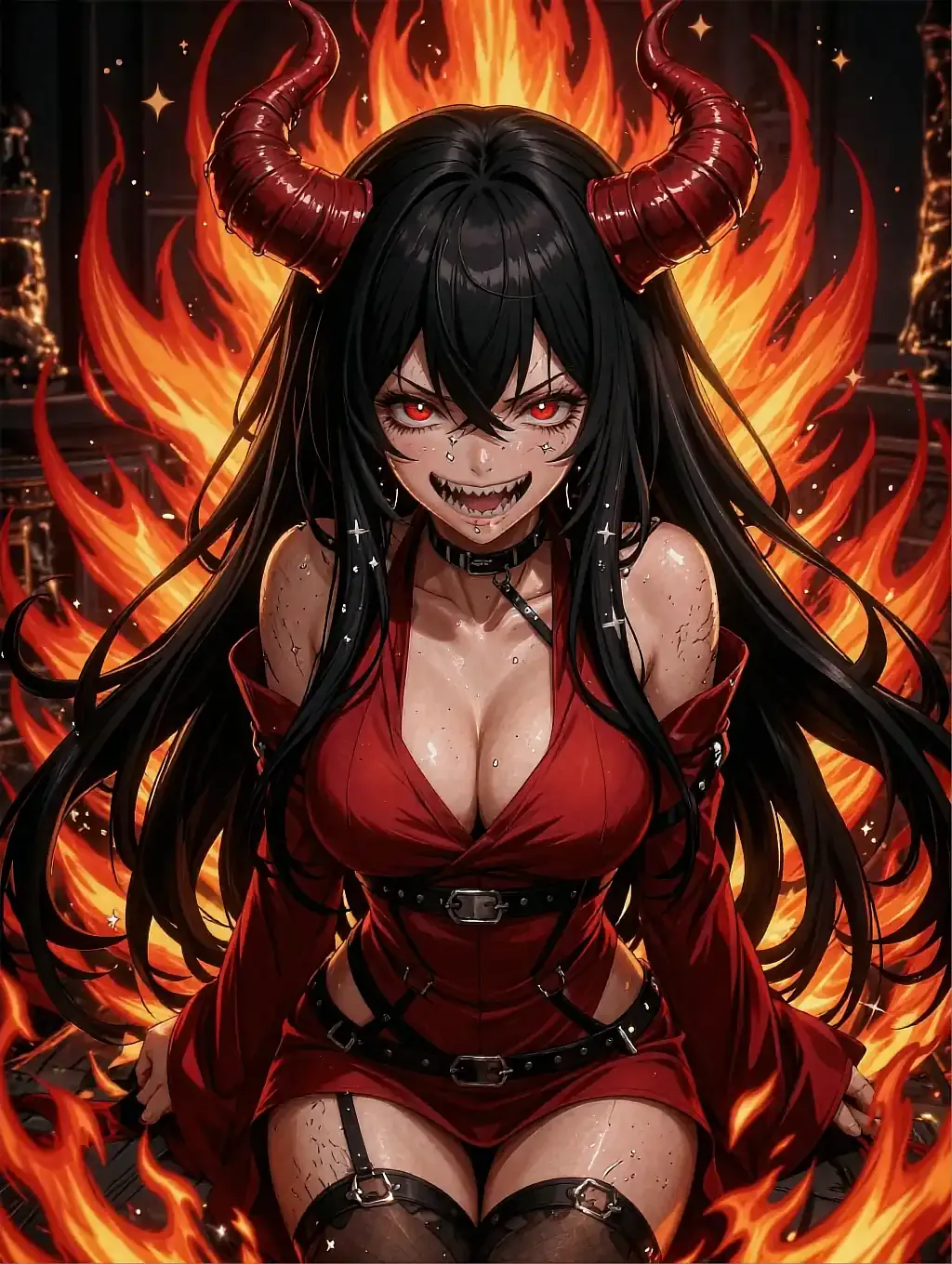 Illustrated anime character Hana laughing, warm confident pose